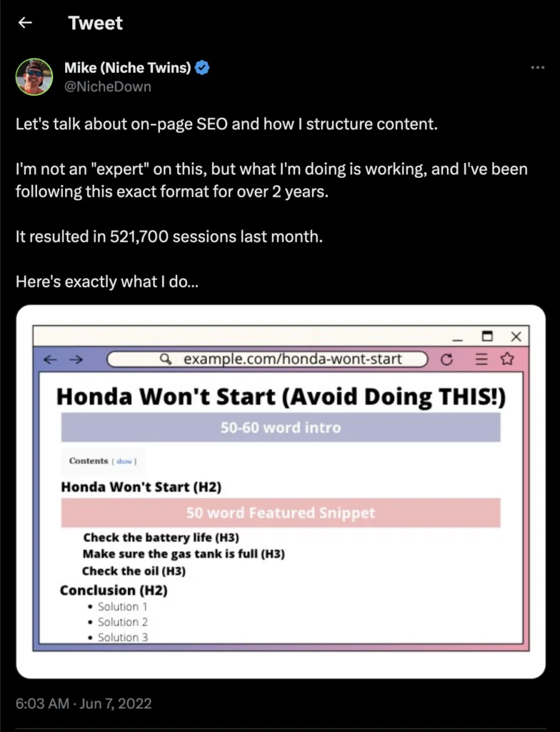 Tweet de Mike de Niche Twins sobre la estructura de contenidos SEO